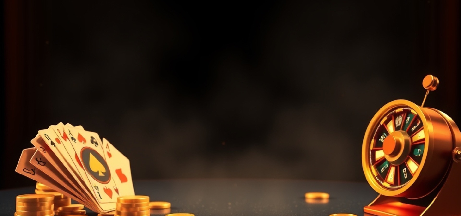 Diwa Fun app directory hero with a glossy rummy card fan, a gold prize wheel and stacked coins on a dark table
